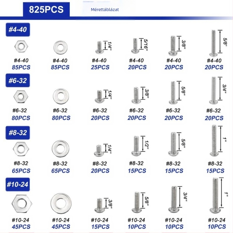 Csavar készlet: Phillips kereszthajtású fejű és lapos fejű csavarok, 1575 db, 304 rozsdamentes acél, GB szabvány, A2-70