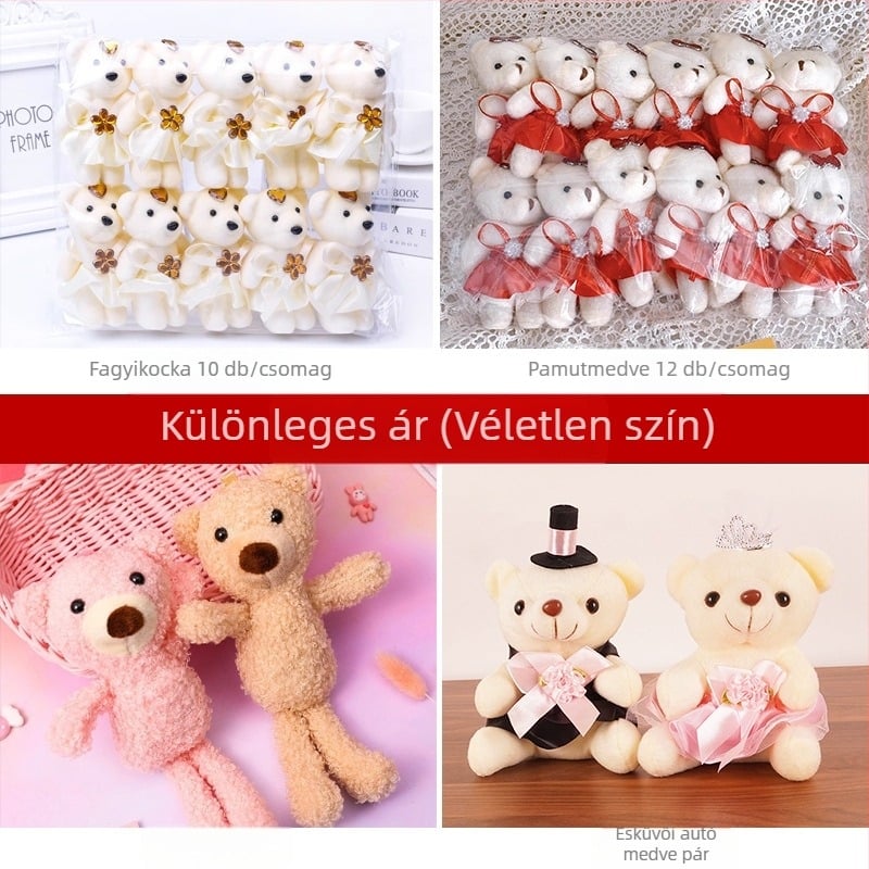 Plüssmackó válogatás: fagylalt ízű Mackó, csillag beismerő Mackó, velúr teddy, esküvői autóhoz való Mackó, rajzfilm virágcsokor baba — anyag: textil, feldolgozás: él-szegés, hiba: 1-2