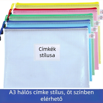 A3 dokumentumtáska nagy kapacitású, áttetsző PVC anyag, cipzárral, vízálló, rácsos mintázat