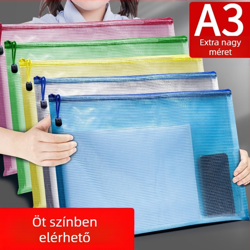 A3 dokumentumtáska nagy kapacitású, áttetsző PVC anyag, cipzárral, vízálló, rácsos mintázat