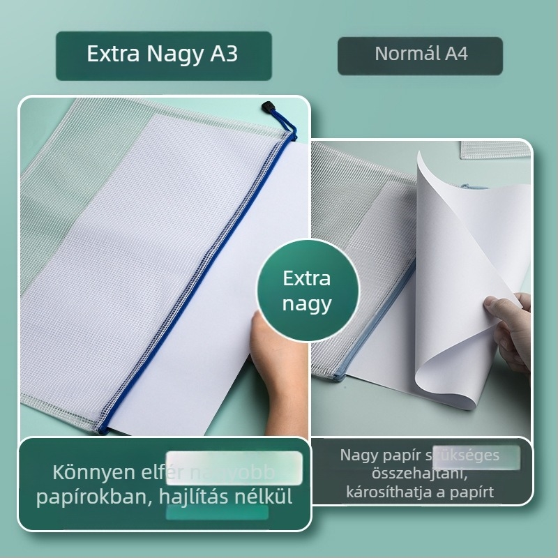 A3 dokumentumtáska nagy kapacitású, áttetsző PVC anyag, cipzárral, vízálló, rácsos mintázat