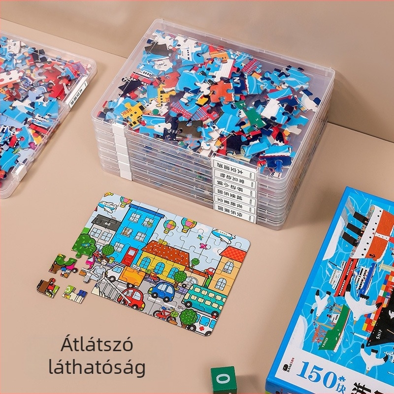 Átlátszó tároló doboz puzzle-darabokhoz és kicsi építőblokkokhoz, fedéllel, gyerekeknek