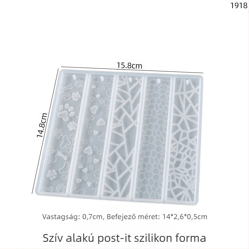 Téglalap alakú szilikon forma gyanta készítéséhez – könyvjelző formájú minták: levél, macska tappancs, szív és virág – Poppy
