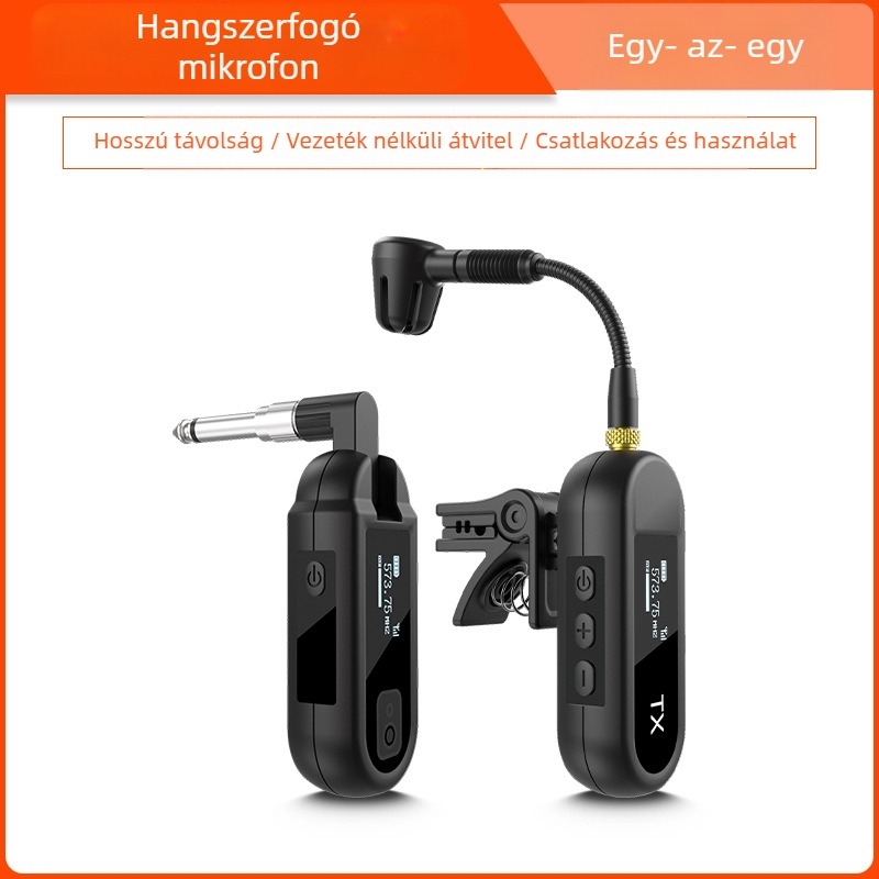 Vezeték nélküli klipszmikrofon hangszerhez – Modell M-03, Bluetooth 5.0, 1000–1200 mAh akkumulátor, 8–12 óra üzemidő, kardioid hangfelvétel