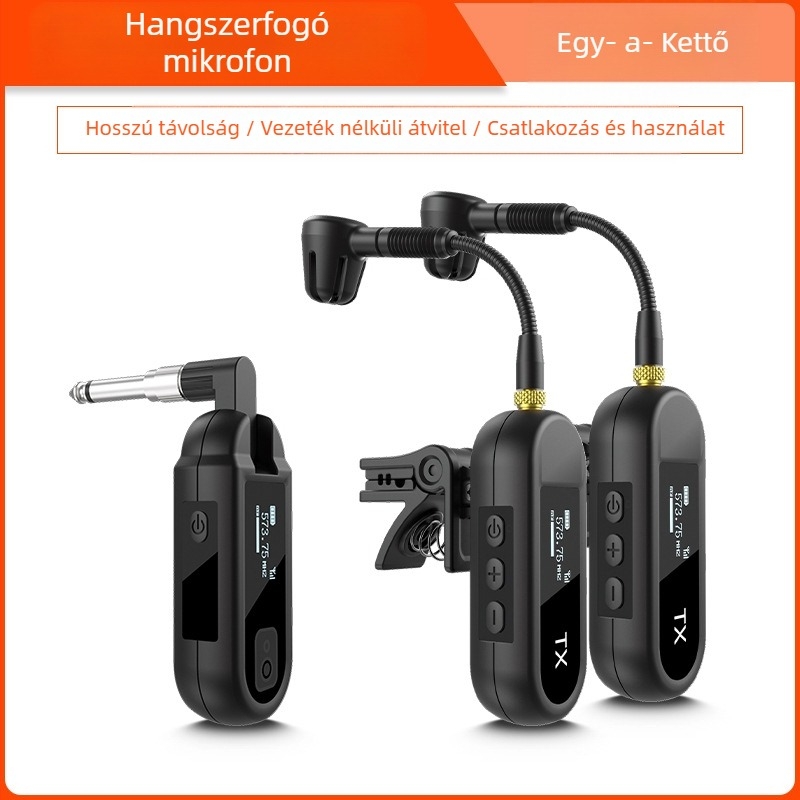 Vezeték nélküli klipszmikrofon hangszerhez – Modell M-03, Bluetooth 5.0, 1000–1200 mAh akkumulátor, 8–12 óra üzemidő, kardioid hangfelvétel