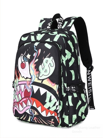 Uniszex iskolai hátizsák animált cápa mintával — könnyű, nylon anyag, vízálló, kapacitás 20 L alatt, dupla vállpánt, cipzáras zárás, belső rekeszek telefonnak/azonosítóhoz/könyvekhez