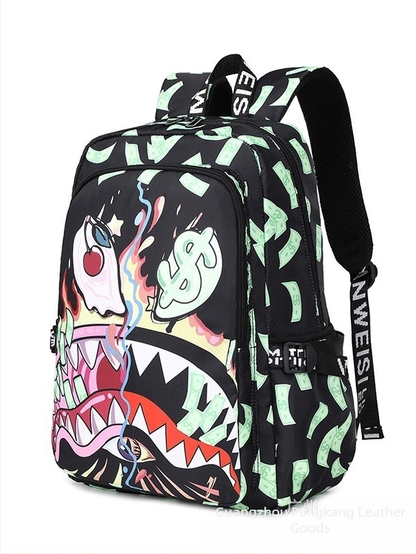 Uniszex iskolai hátizsák animált cápa mintával — könnyű, nylon anyag, vízálló, kapacitás 20 L alatt, dupla vállpánt, cipzáras zárás, belső rekeszek telefonnak/azonosítóhoz/könyvekhez