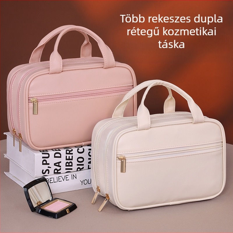 Francia stílusú két szintes sminktáska, nagy kapacitású, PU anyagú, vízálló, elkülönített rekeszek, utazáshoz ideális