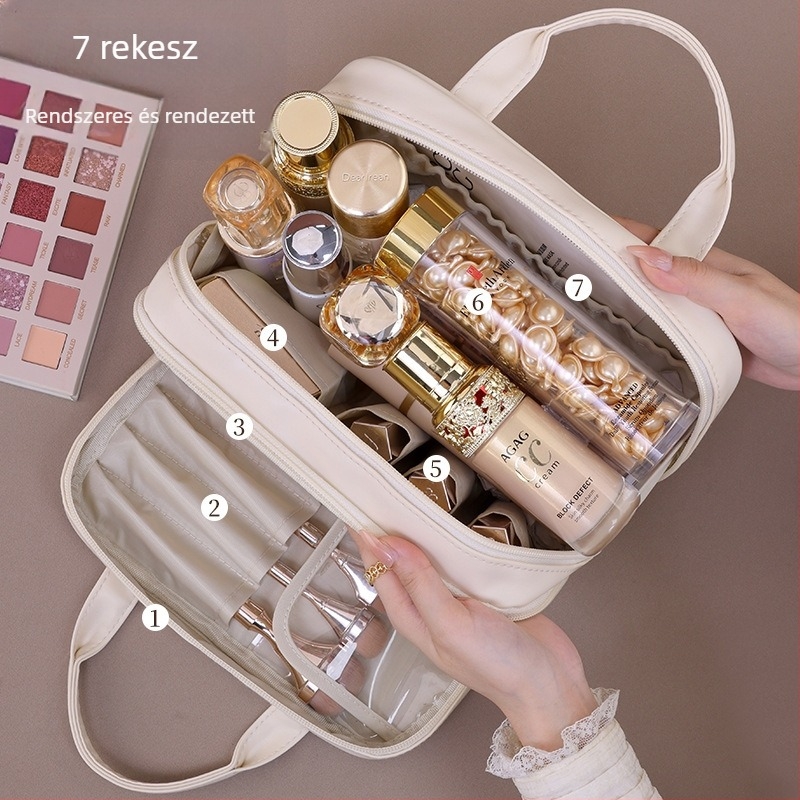 Francia stílusú két szintes sminktáska, nagy kapacitású, PU anyagú, vízálló, elkülönített rekeszek, utazáshoz ideális