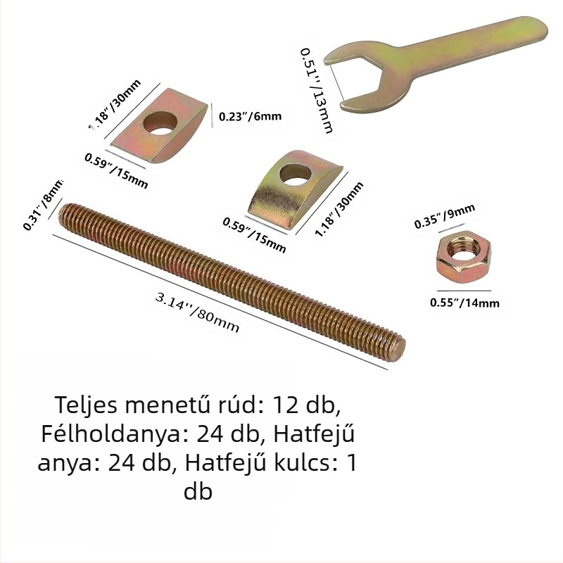 Ágy melletti összeszerelő készlet hex kulccsal, félholding alakú alátét, hex sapka és teljes menetes rúd – 4 az 1-ben (TD, NF E25-414-2004, Plain carbon steel, Class A)