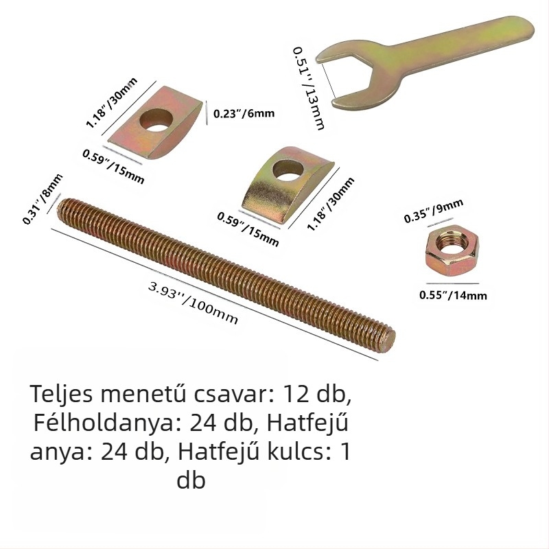 Ágy melletti összeszerelő készlet hex kulccsal, félholding alakú alátét, hex sapka és teljes menetes rúd – 4 az 1-ben (TD, NF E25-414-2004, Plain carbon steel, Class A)