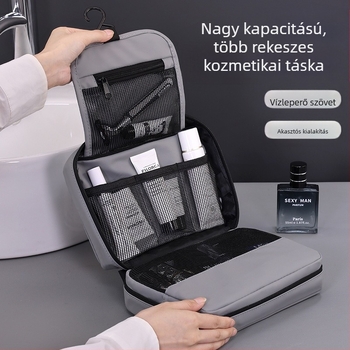 Utazási toalett-táska függő és összecsukható kialakítással, vízálló membrán anyag, elkülönített rekeszek kozmetikumok és higiéniai termékek számára