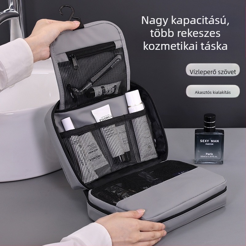 Utazási toalett-táska függő és összecsukható kialakítással, vízálló membrán anyag, elkülönített rekeszek kozmetikumok és higiéniai termékek számára