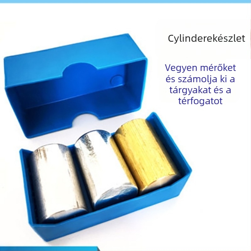 Gimnáziumi fizika kísérleti eszköz - Kocka- és hengercsoport, Tömeg–Sűrűség Kapcsolat, Fémes Kivitelezés, 100 készlet dobozban