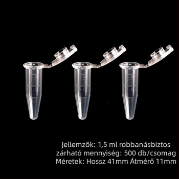 Centrifugacsövek kupakkal, robbanásbiztos, graduált skálával, kúpos alj 1,5 ml és kerek alj 2 ml, 500 darabos csomag