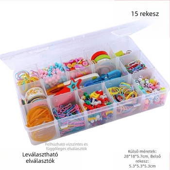 Téglalap alakú, átlátszó PP műanyag ékszertartó doboz 15 rekesz, fedővel