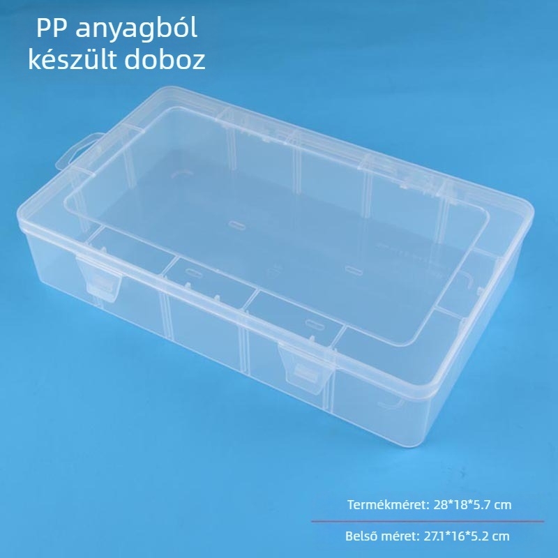 Téglalap alakú, átlátszó PP műanyag ékszertartó doboz 15 rekesz, fedővel