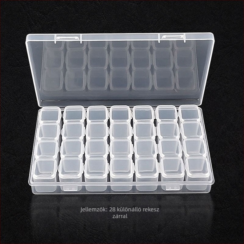 Manikűr eszközök és ékszerek tároló doboza, 28 rekesz, asztali kialakítás, levehető mini manikűr fúró doboz, műanyag kivitel, Nettó tömeg 109 g