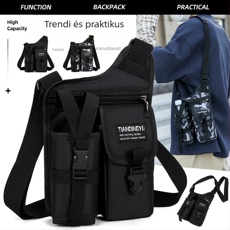 Férfi keresztpántos oldaltáska – városi egyszerű stílus, Oxford vászon, száraz-nedves elválasztás, egyszínű mintázat, tavasz 2025