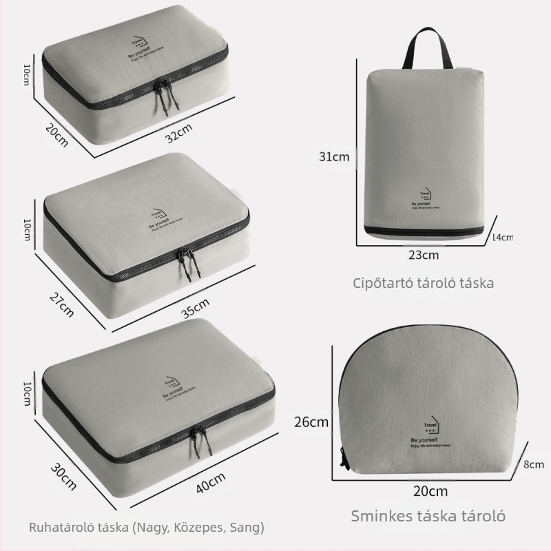 Öt darabos utazási tároló táskák készlet, kocka alakú, poliészterből, ruhák, cipők és kozmetikumok számára