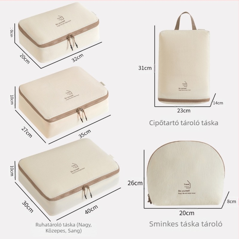 Öt darabos utazási tároló táskák készlet, kocka alakú, poliészterből, ruhák, cipők és kozmetikumok számára