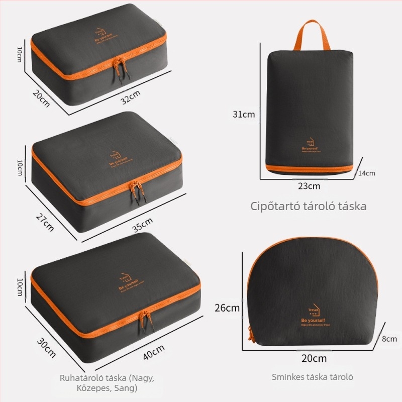 Öt darabos utazási tároló táskák készlet, kocka alakú, poliészterből, ruhák, cipők és kozmetikumok számára