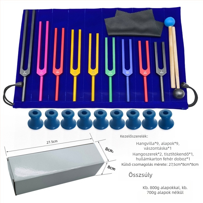 9 darabos hangvilla készlet alumínium ötvözetből, modell 174Hz-963Hz, frekvencia-tartomány 174–963 Hz, fehér dobozos csomagolás