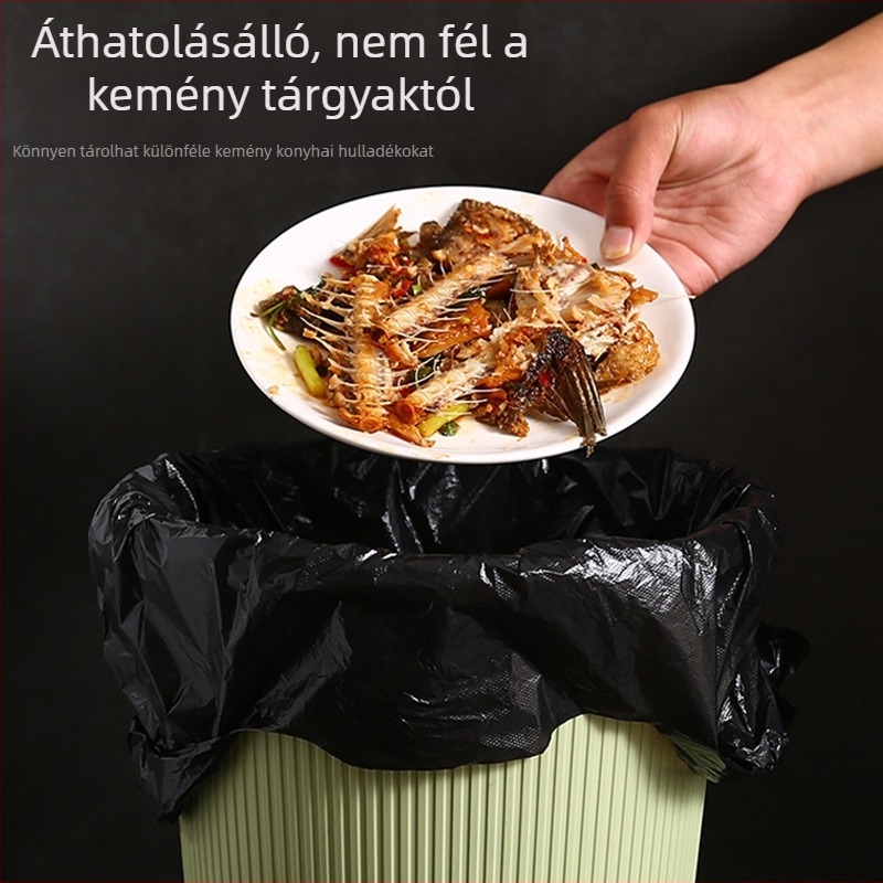 Hordozható vastagított műanyag szemeteszsák háztartási használatra, dobozban 500 darab, bevezetés 2024-ben.