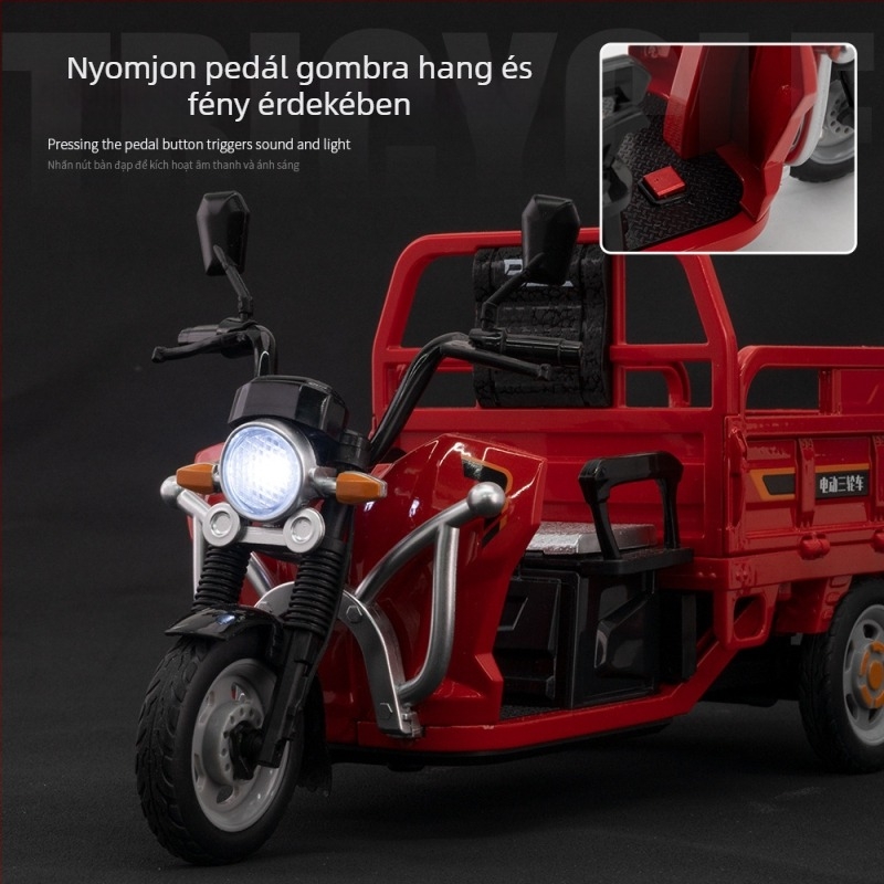 Háromkerekű motorkerékpár modell, díszdarab világító és hanghatásokkal; statikus modell; kategória: motormodell; 7-14 évesek.