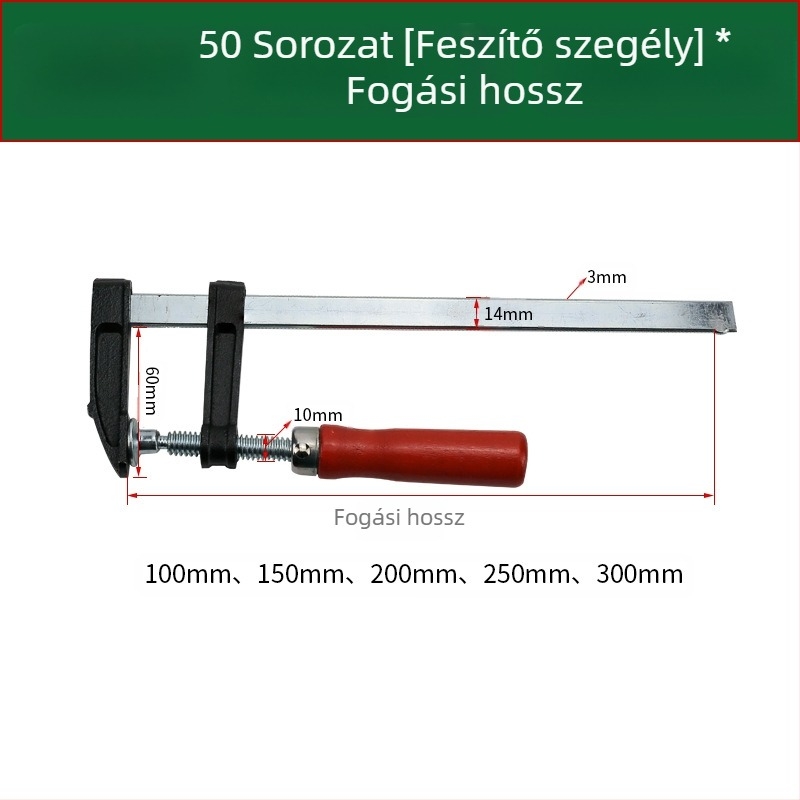 F-típusú faipari szorító a rögzítéshez; anyag Malang, A3; tömeg 0,2 kg; alkalmas faipari, kő és bútorok számára