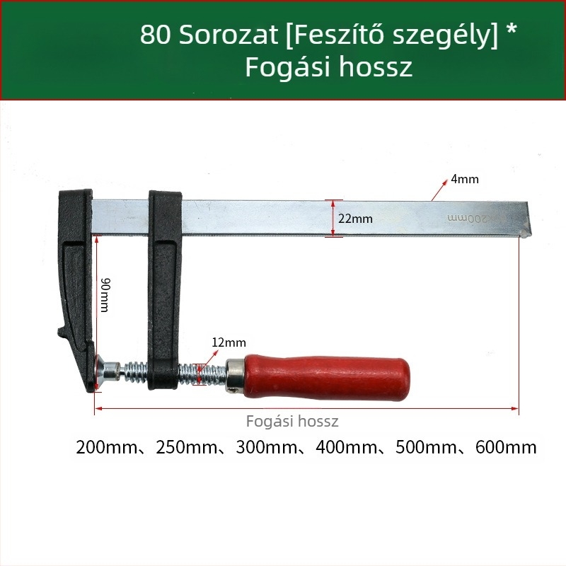 F-típusú faipari szorító a rögzítéshez; anyag Malang, A3; tömeg 0,2 kg; alkalmas faipari, kő és bútorok számára