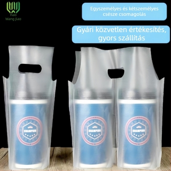 Elvihető ital csomagoló zacskó egyszemélyes/kétszemélyes pohárhoz; műanyag, blown-film formázás; élelmiszer-biztonság; kompatibilis 450–700 ml poharakkal; átlátszó vagy matt felület; csomagolás típusa: zacskó