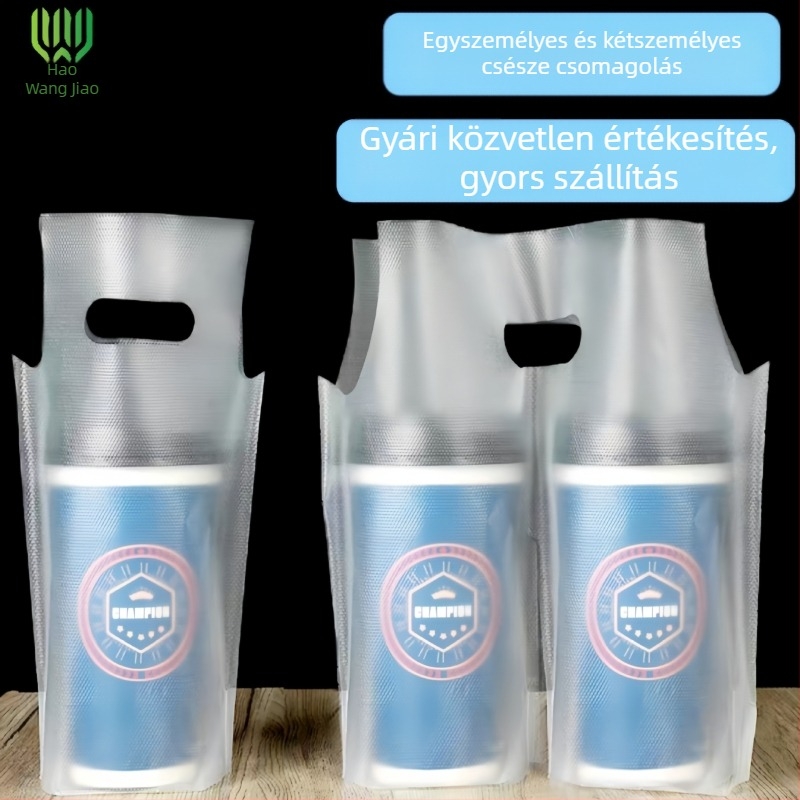 Elvihető ital csomagoló zacskó egyszemélyes/kétszemélyes pohárhoz; műanyag, blown-film formázás; élelmiszer-biztonság; kompatibilis 450–700 ml poharakkal; átlátszó vagy matt felület; csomagolás típusa: zacskó