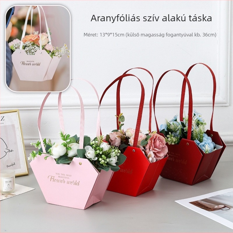 Szív alakú virág ajándéktáska különleges papírból, ideális csokrokhoz és ajándékcsomagoláshoz.