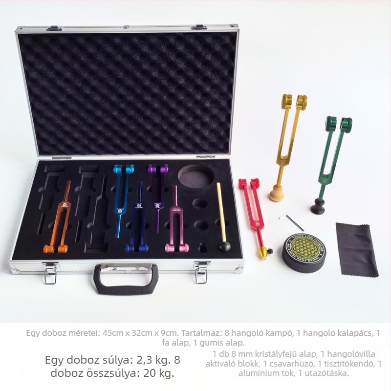 Nyolc tuning forks készlet aktiváló blokkokkal; kemény alumínium ötvözet; modell 136.1Hz-272.2Hz; frekvenciák: 126.22, 136.1, 141.27, 172.06, 194.18, 210.42, 221.23; zeneterápia, fizioterápia, jóga