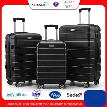 Háromrészes ABS bőröndkészlet lopás elleni jelszavas zárakkal, repülőgépes használatra is alkalmas, univerzális kerekek, poliészter bélés