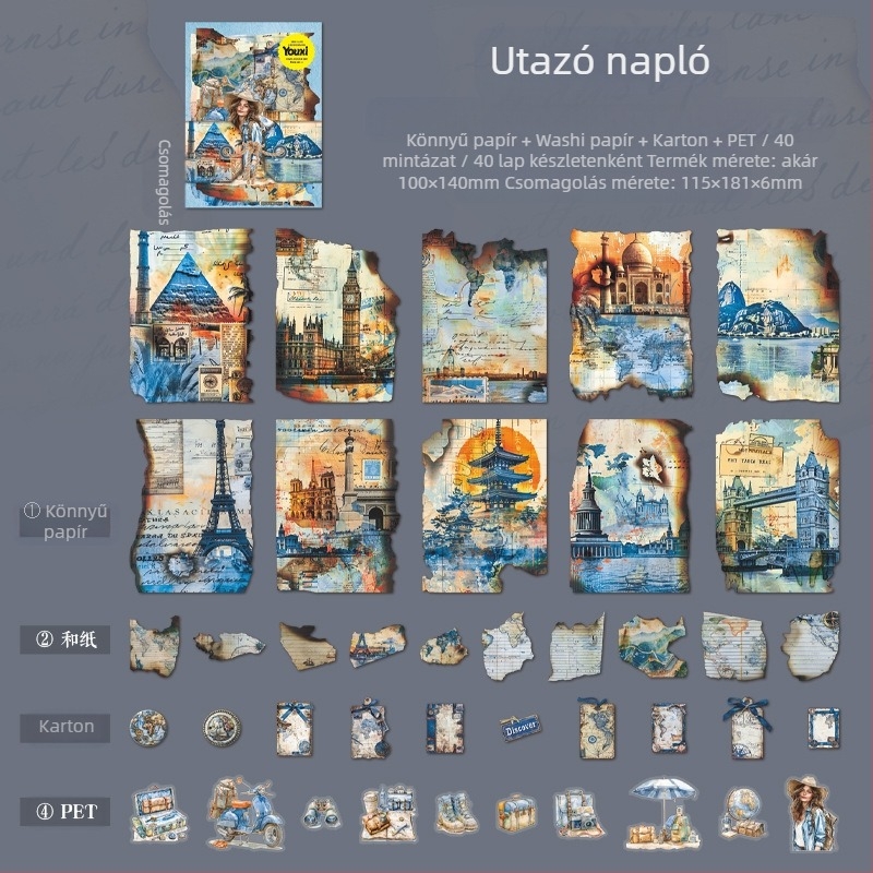 DIY scrapbook dekoratív matricák készlet — Dark Phantom retro Time Capsule sorozat, 90 darab, 4 minta, 60 g, ragasztómentes, nyomtatás