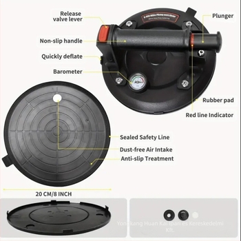 Vákuum szívócsésze üveghez, kerámia csempéhez, márványhoz és kőlemezekhez; nehéz terhelésű, ipari minőség; kézi levegőpumpa a felemeléshez; erős szívás