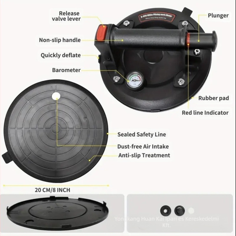 Vákuum szívócsésze üveghez, kerámia csempéhez, márványhoz és kőlemezekhez; nehéz terhelésű, ipari minőség; kézi levegőpumpa a felemeléshez; erős szívás