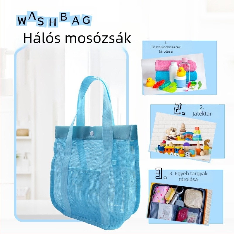 Toalett-táska kézben tartható stílusú kozmetikai neszesszer, nylonból és hálóból, zárófunkcióval, utazáshoz ideális (anyag: nylon + háló; forma: kézben tartható táska; funkció: zárás; alkalmas utazásokhoz)
