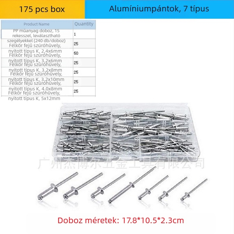  Alumínium nitts készlet, 380 darab, áthaladó furatú nites, félkört alakú fej, K-forma, és nittpisztoly