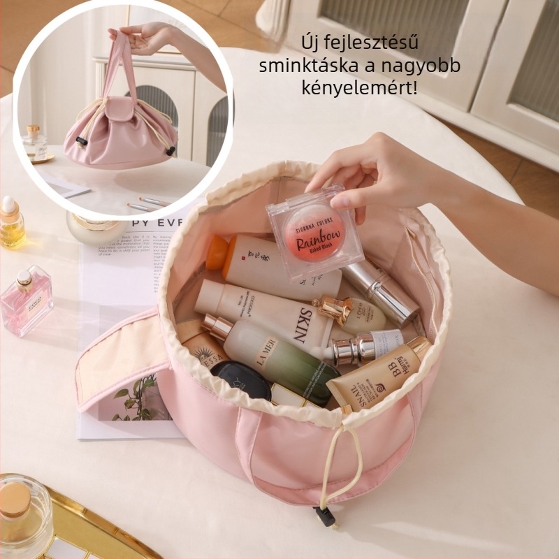 Sminkes táska húzózsinórral, bucket-stílus, kubus alakú, poliészter (többfunkciós, utazáshoz)