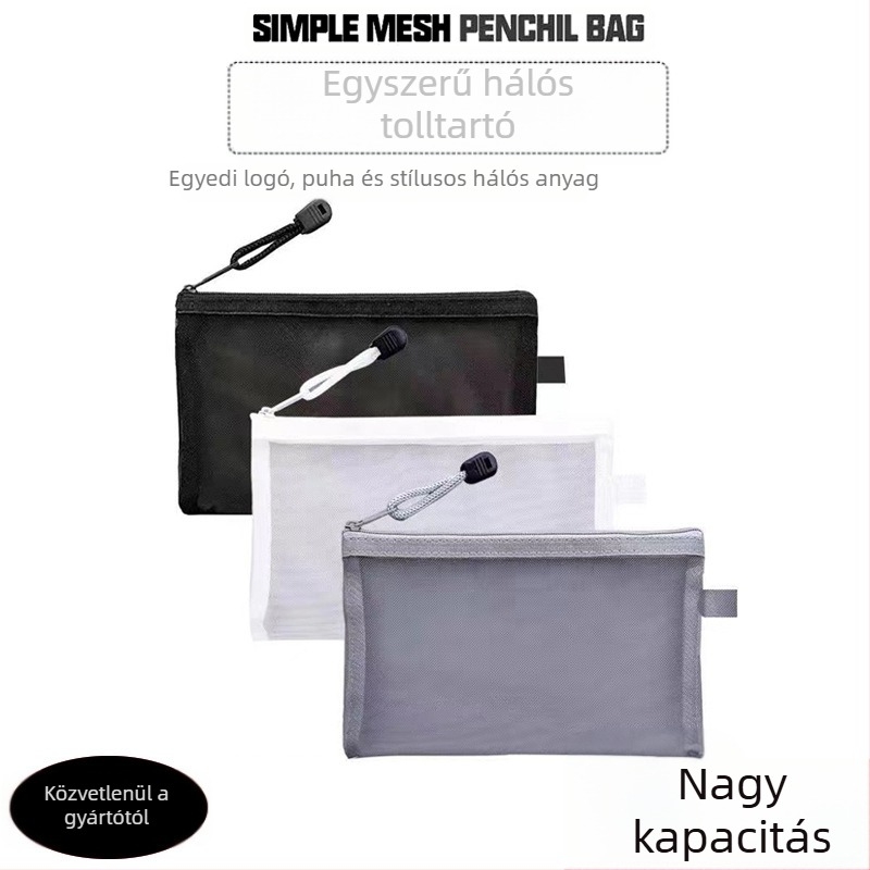 Hálós tolltartó, átlátható, nagy kapacitású, poliészter, koreai stílus, testreszabás: logó, szöveg, minta