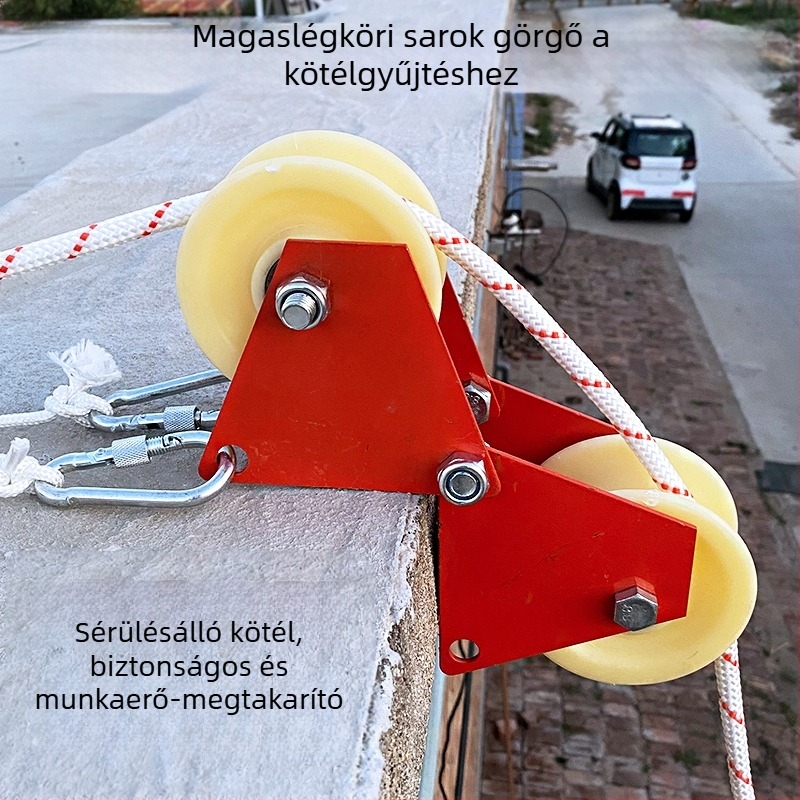 Sarokgörgő magasban végzett munkákhoz kötélhúzó mechanizmussal, erőkifejtés megtakarítása, derékszögű