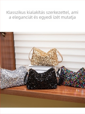 Koreai stílusú sequin táska egy vállpánttal, közepes méretű, vízszintes négyszögletes forma, cipzáras nyitás, poliészter bélés, belső zsebek telefonhoz és igazolványhoz, tavasz 2025