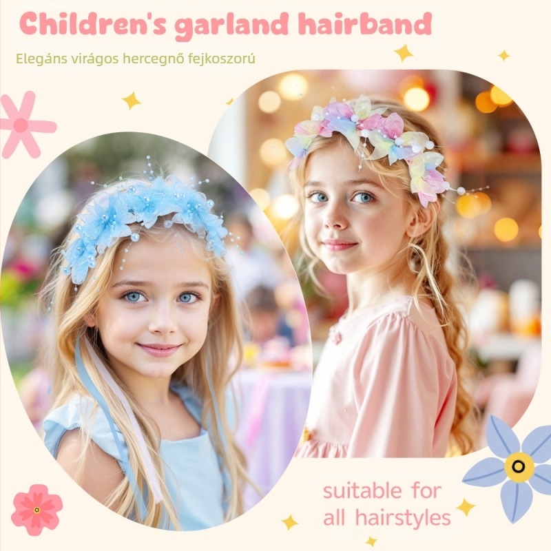 Gyermekeknek szóló virágos tündér koszorú hajpánt, kézzel készített textilből.
