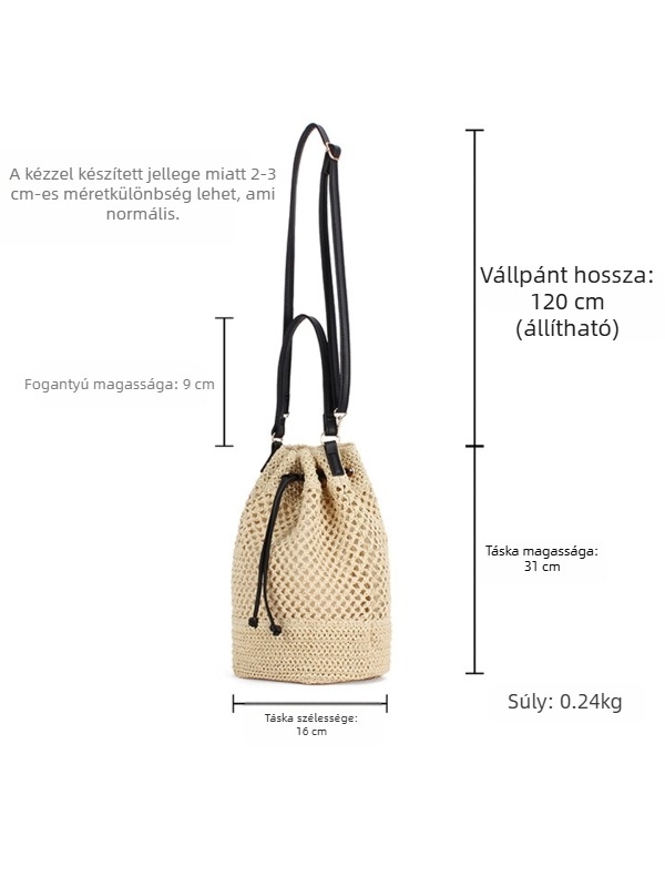 Szövött bucket táska, papírmateranyag, húzóöv nyitás, belső ID rekesz, dupla vállpánt