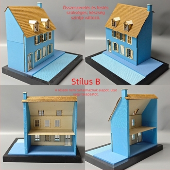 Fából készült dioráma modellkészlet, összeszerelhető, jelenet: kávézó és ház, 1:35-ös méretarány