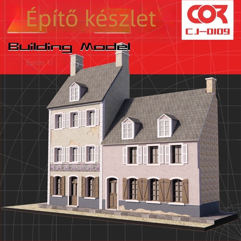 Fából készült dioráma modellkészlet, összeszerelhető, jelenet: kávézó és ház, 1:35-ös méretarány