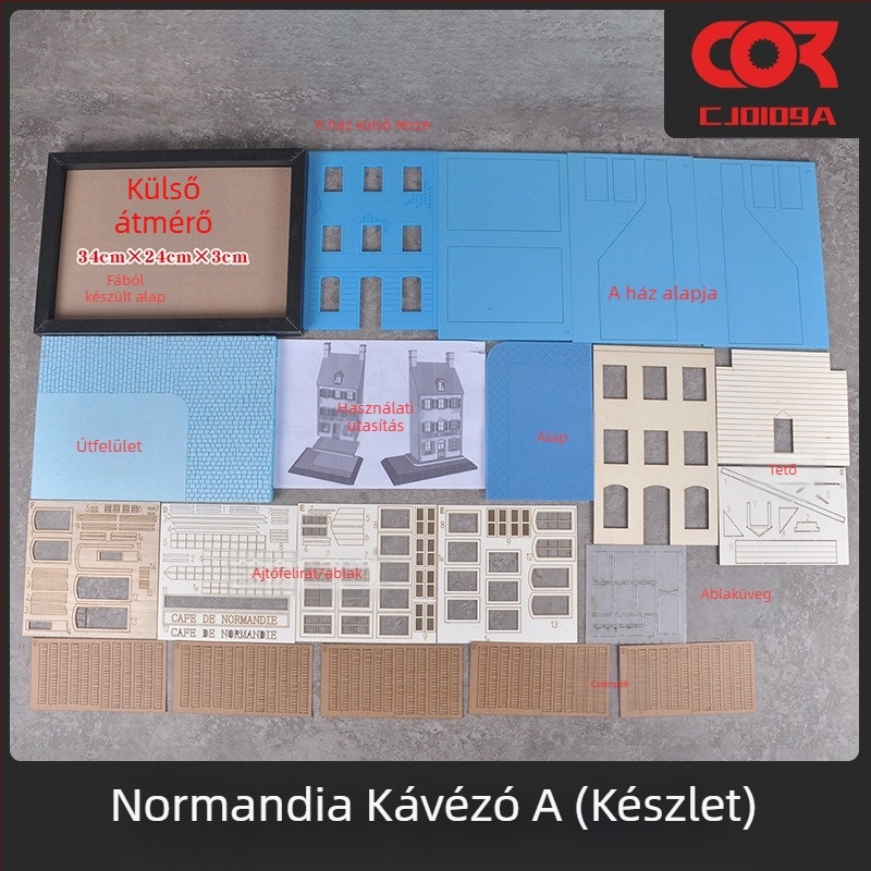 Fából készült dioráma modellkészlet, összeszerelhető, jelenet: kávézó és ház, 1:35-ös méretarány